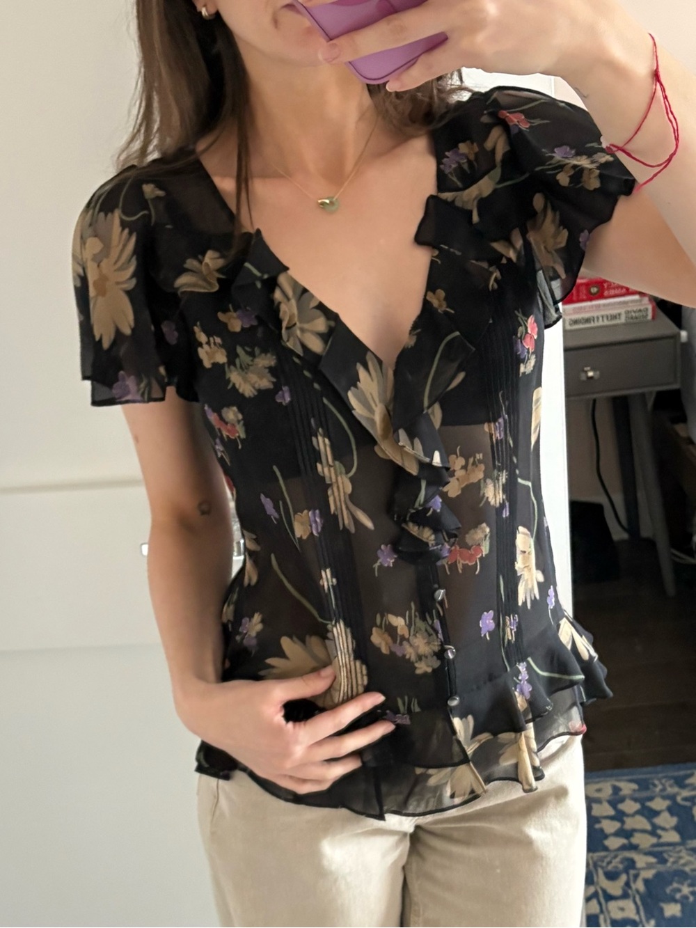 Polo Ralph Lauren Black Floral Sheer Ruffle Blouse 2